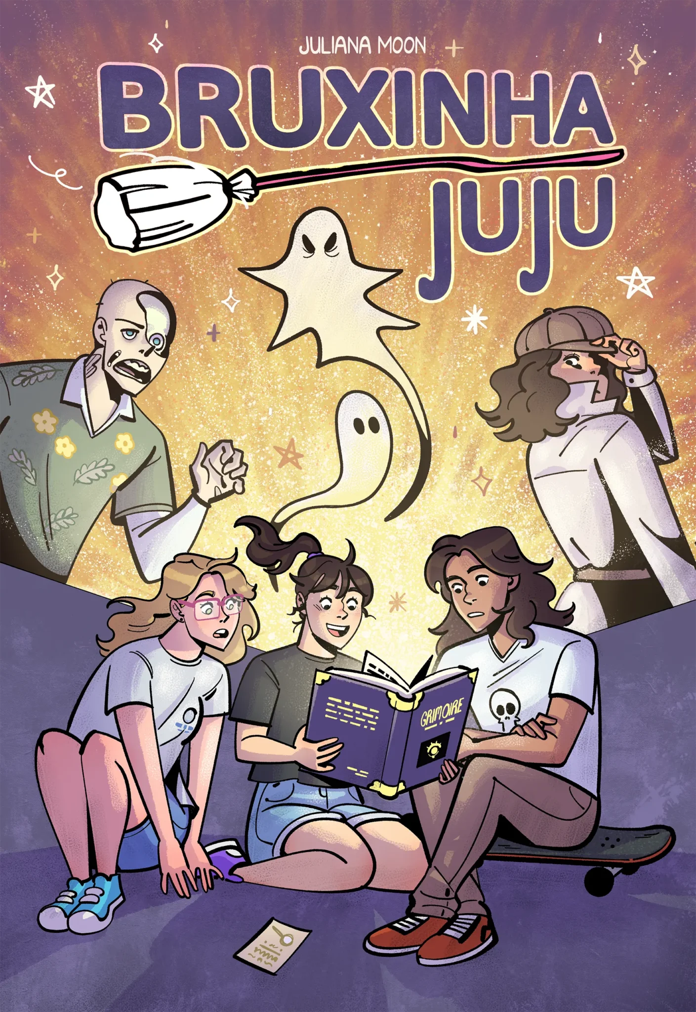 cover page for a comic called "bruxinha juju". we have a trio in the front reading a comic that spawns some mythical creatures and a mysterious woman